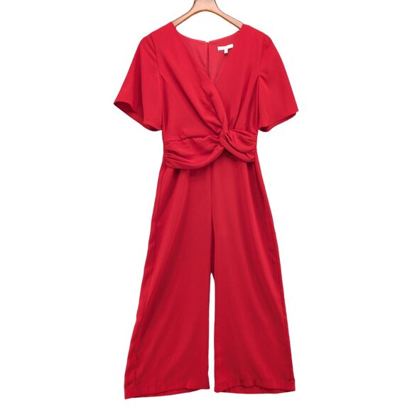 Harlyn Twist Front Jumpsuit Womens Solid Red Short Sleeve Wide Leg Size S - Picture 1 of 13